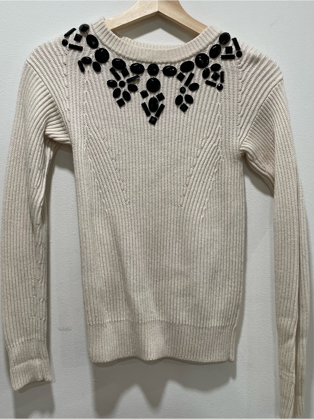 Ann Taylor Cream Crewneck Sweater with Black Gem Embellishment